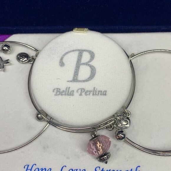 Bella Perlina Hope, Love, Strength Breast Cancer Silver Charm Bangle Trio Set - Picture 7 of 11